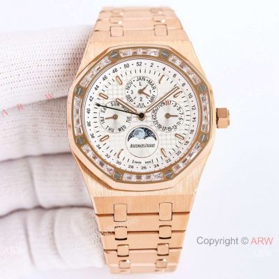 Swiss Replica Audemars Piguet Royal Oak Perpetual Calendar Rose Gold Grand Tapiserrie dial with Diamond Bezel
